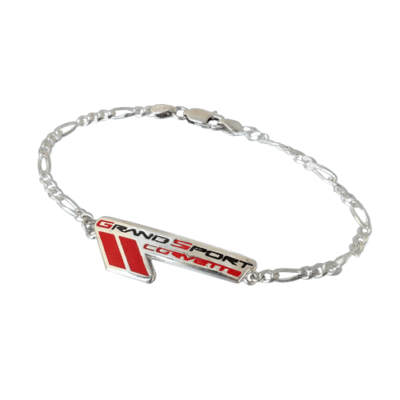 This C6 Corvette Grand Sport bracelet has a Figaro link and lobster clasp.  Grand Sport emblem is hand painted with black and red enamel and made of sterling silver.