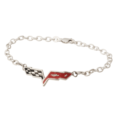 Silver chain bracelet with red and black Corvette crossed flags emblem featuring checkered flag and bowtie logo