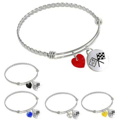 Silver bracelet with twisted design, featuring two charms: a red heart and a round charm with black checkered flag. Variations show different heart colors.