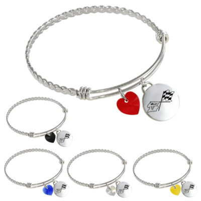 Silver bangles with circular charms featuring a checkered flag design and heart charms in various colors: red, black, blue, white, and yellow.