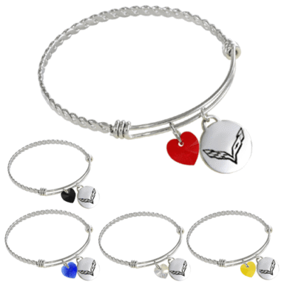 Sterling silver C7 Corvette bracelet with heart charm and Corvette emblem disc pendant