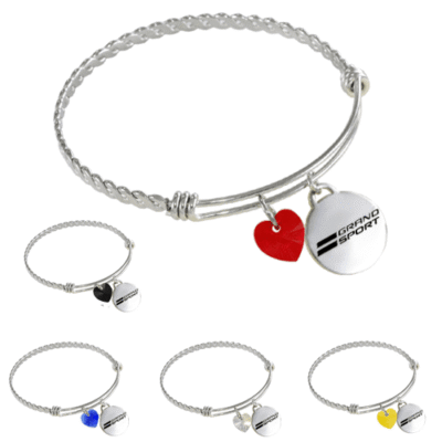 C7 Corvette Grand Sport ladies bracelet in sterling silver with twisted design, red heart charm, and polished Grand Sport medallion