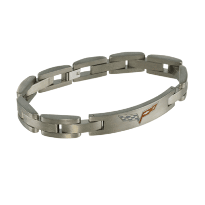 Brushed titanium C6 Corvette emblem bracelet with color-marked emblem, secure fold-over clasp.