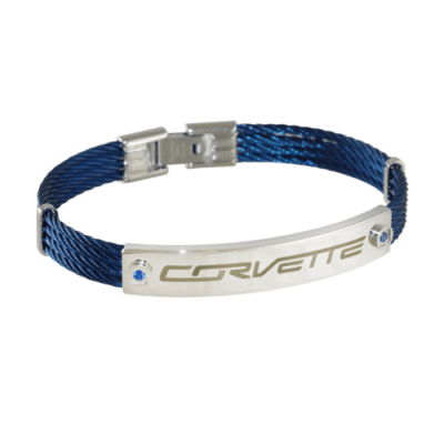 Blue cord bracelet with a metal clasp, featuring a silver plate engraved with "Corvette" and accented with small blue gems, conveying a sleek, automotive theme.