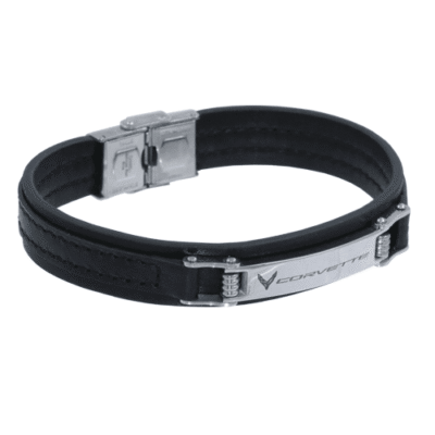 Black leather bracelet with silver Corvette logo plate and signature emblem detail