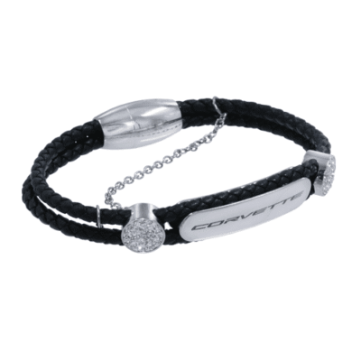 Black braided bracelet with a silver magnetic clasp and chain, featuring a metal plate with engraved text. Sleek and modern design with a polished look.