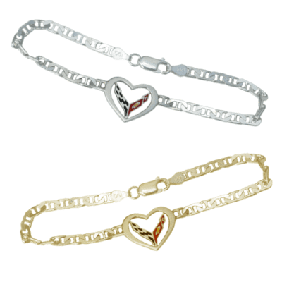 Two bracelets with heart-shaped pendants: one silver, one gold. Each heart features a red, black, and white emblem. The background is white.