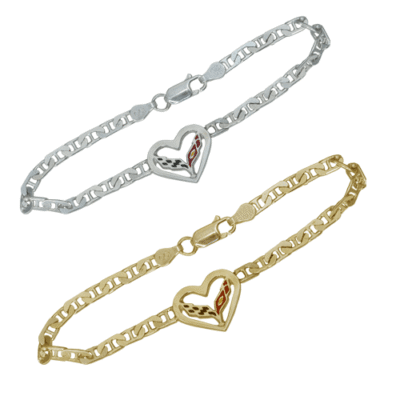 Two chain bracelets with heart-shaped charms; one in silver and the other in gold. Both charms feature a small flame design within the heart.