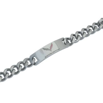 Silver stainless steel chain bracelet with Corvette C7 emblem and logo plate