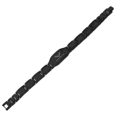 Black metal watch band with a sleek design and engraved logo in the center. The bracelet features interlocking rectangular links, conveying elegance.