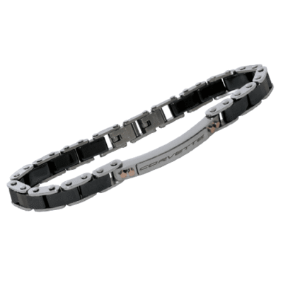 Sleek black and silver bracelet with a chain-link design. Features a metal plate engraved with "Corvette," conveying a modern and sporty feel.