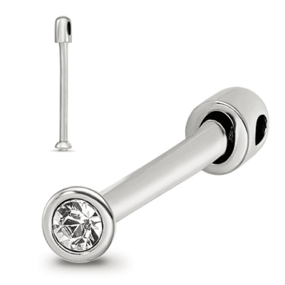 Close-up of a silver nose stud with a round, sparkling gemstone. The sleek design conveys elegance and simplicity. The background is plain white.