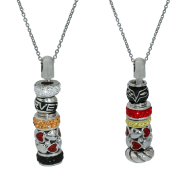 Two silver chain necklaces, each with a pendant formed of stacked beads. Beads feature black, red, orange, and silver tones with heart and "Love" designs.