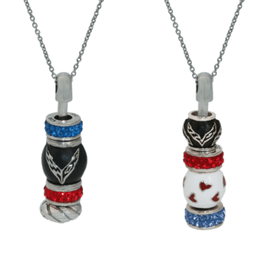 Two silver chain necklaces, each with a pendant formed of stacked beads. Beads feature black, red, orange, and silver tones with heart and "Love" designs.