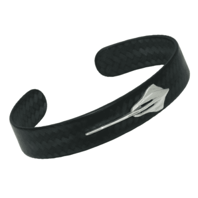 Black carbon fiber cuff bracelet featuring a silver trident design. The bracelet has a sleek, modern look, conveying a sense of strength and style.