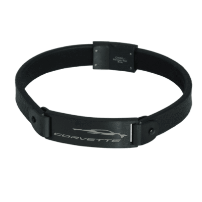 Black leather bracelet with silver C8 Corvette profile and signature emblem detail