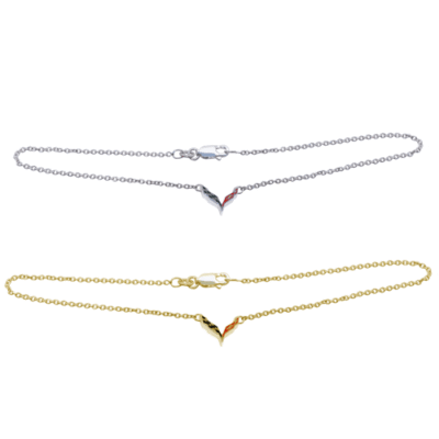 Silver and gold V-shaped pendant anklets with red accent