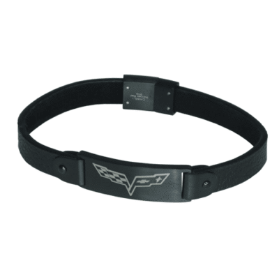 Black leather bracelet with silver C6 Corvette Stingray front view and signature emblem