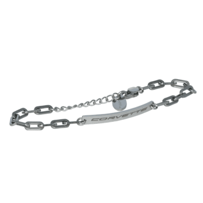 Silver chain bracelet with a rectangular plate engraved with "Corvette." The design is sleek and modern, conveying a stylish and automotive-themed elegance.