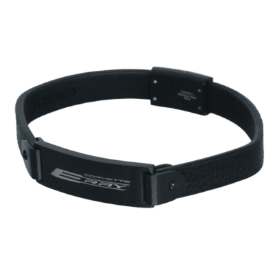 Black leather bracelet featuring a rectangular metal plate engraved with "Corvette" and "E-Ray." Offers a sleek, modern, and masculine design.