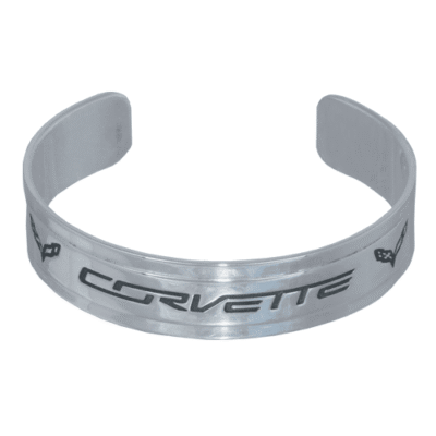 Sterling silver C8 Corvette bracelet with black leather accents and engraved Corvette emblem.