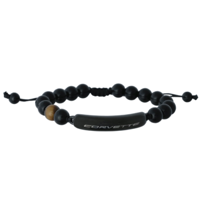 Black and tiger eye stone beaded bracelet with C8 Corvette engraved bar, adjustable fit.