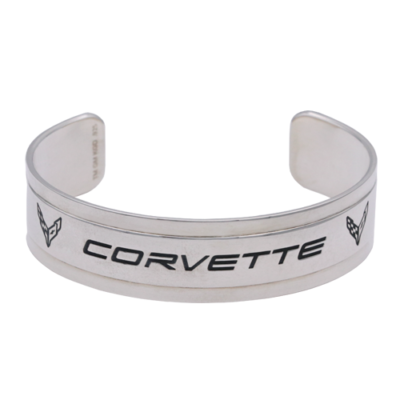 Front view of sterling silver C8 Corvette cuff bracelet with iconic emblems and signature logo.