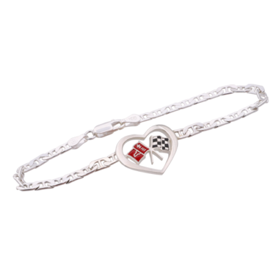 Sterling silver C3 Corvette heart bracelet with red enameled Corvette emblem and checkered flag design