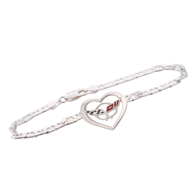 Silver bracelet with a chain link design and a heart-shaped charm featuring a red and black checkered flag emblem, conveying a sporty elegance.