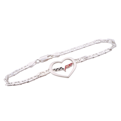 Silver bracelet with heart-shaped charm featuring a sleek emblem. Intricate chain design conveys elegance and modern style against a white background.