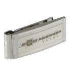 Silver money clip with engraved Chevrolet logo and "100 years" text, set against a black background. The clip conveys a sleek, classic design.