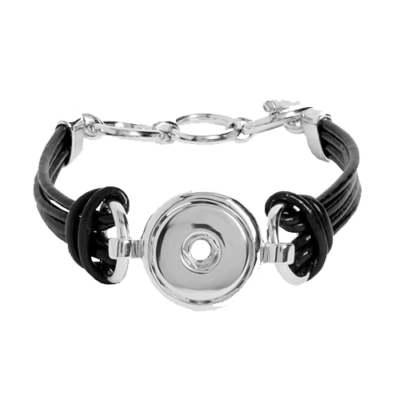 Elegant bracelet featuring a central silver circular charm with a hole, flanked by black leather cords and a silver chain. Modern and stylish design.
