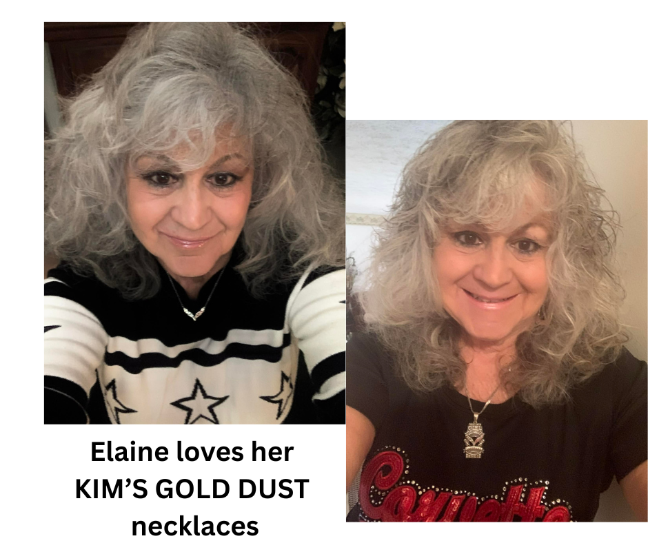 Two side-by-side selfies of a woman with curly gray hair. She wears a star-patterned sweater in one image and a black top in the other, smiling warmly.