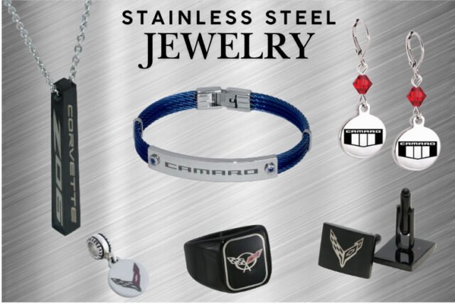 Assorted stainless steel jewelry featuring Corvette and Camaro themes. Includes a pendant, bracelet, ring, earrings, and cufflinks on a brushed metal background.