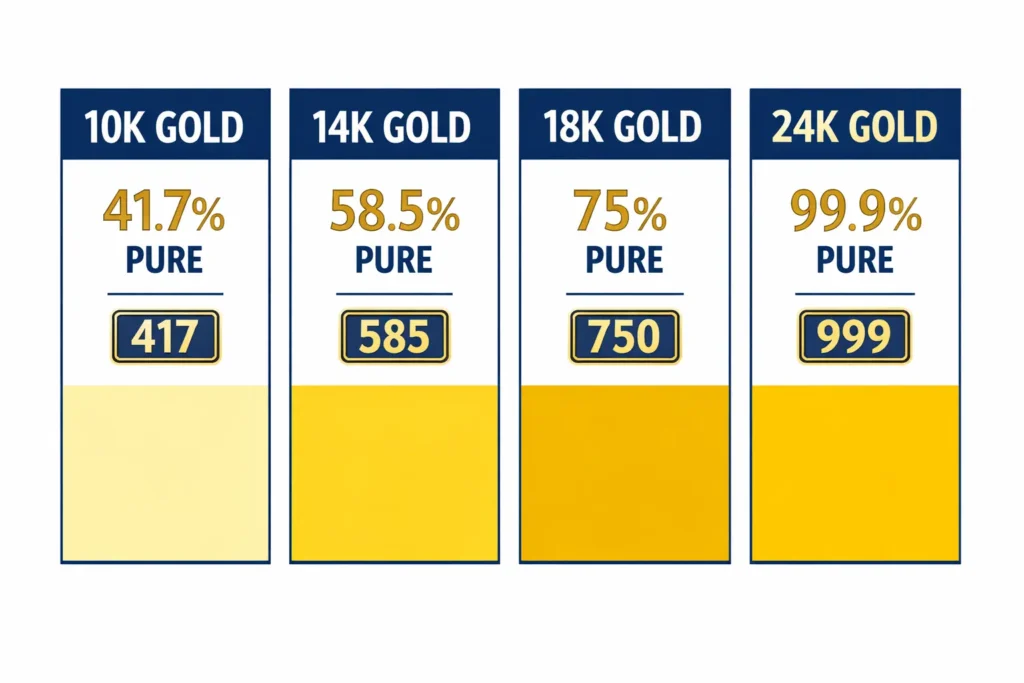 Gold Comparison Chart, comparison between 10k 14K and 24K