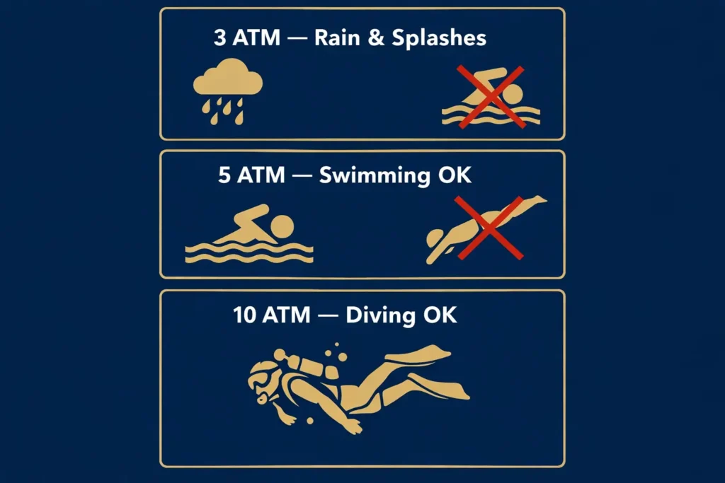 Watch water resistance guide showing 3 ATM for rain and splashes, 5 ATM safe for swimming but not diving, and 10 ATM suitable for diving.